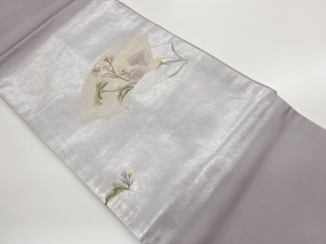 引箔金糸地紙に花葉模様刺繍名古屋帯